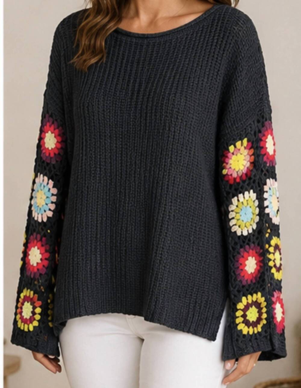 NEW KEREN HART long sleeve crochet sweater in black multi